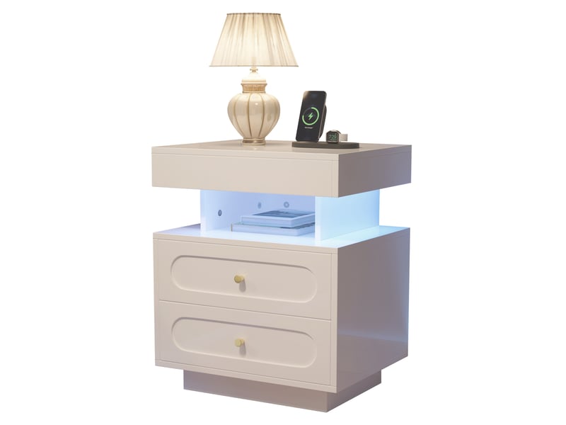  Table de chevet tcqpz led 2 tiroirs niche ouverte 50 x 40 x 60 cm panneau de particules blanc  - Conforama A