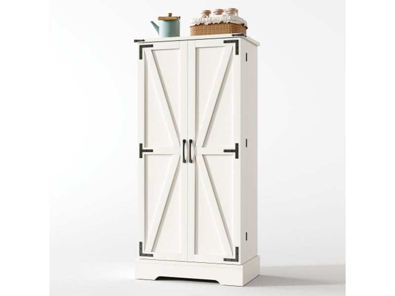  Armoire de salle à manger 128,5 cm - style ferme, led, 2 portes, étagères réglables, blanc relief  - Conforama A