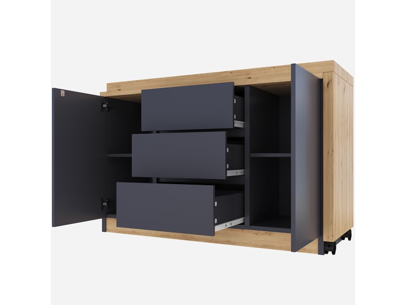  Bureau d'angle pivotant, bureau à roulettes avec freins, bureau gris et chêne, table de travail modulable pour maison et bureau.  - Conforama R