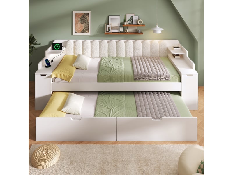  Lit banquette enfant 90x200 cm blanc bois, couchage d'appoint 90x190 cm et rangements latéraux  - Conforama B