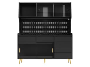 Buffet de cuisine noir 145x171 cm, meuble haut portes coulissantes en verre et mdf, rangement élégant