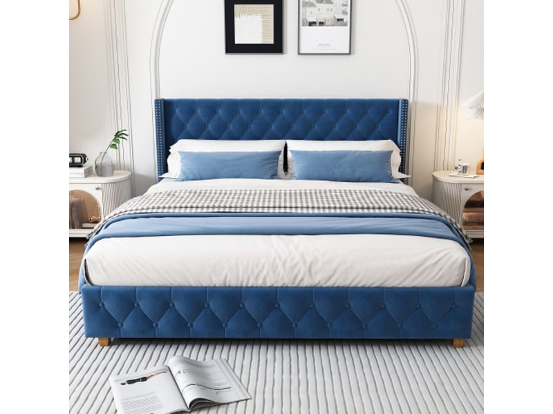 Lit adulte 140x190cm, lit double avec tête de lit et sommier, velours bleu, sans matelas - Conforama B
