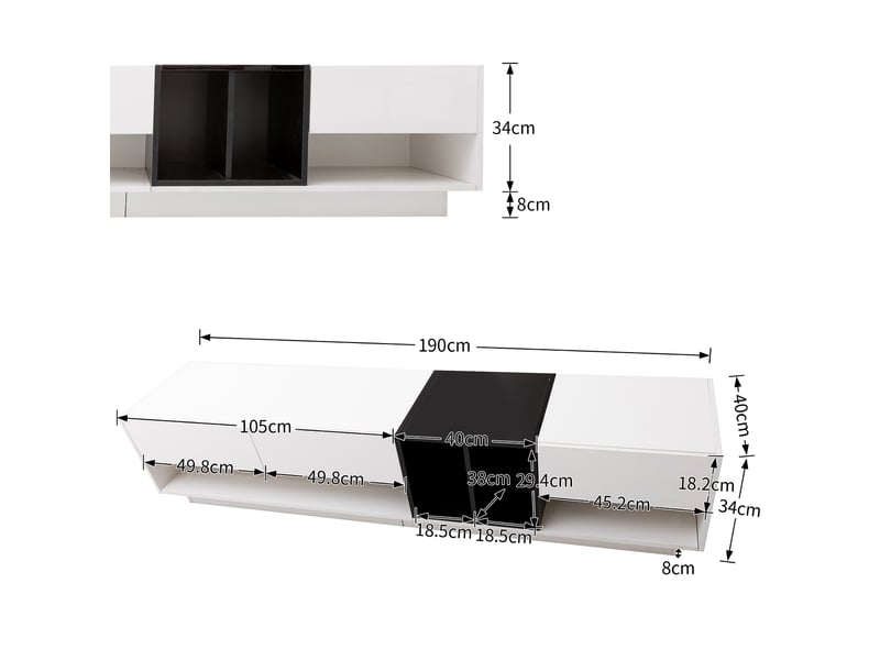  Meuble tv avec 3 tiroirs, 190 x 40 x 42 cm, 2 niches ouvertes, finition brillante et contraste noir et blanc, panneaux de particules, blanc Morn Vibe - Conforama C