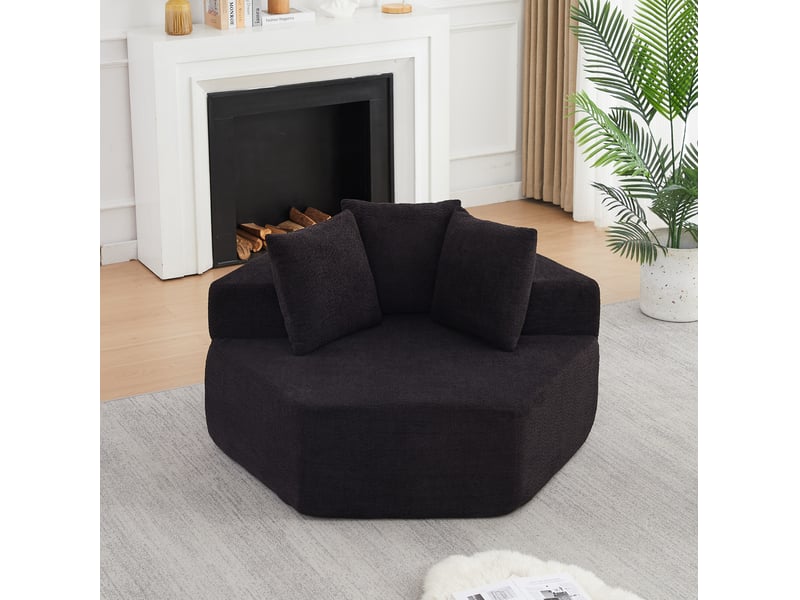 Fauteuil modulaire 1 place hexagonal avec 3 coussins, combinaisons variées et assise moelleuse en tissu bouclette noir - Conforama D