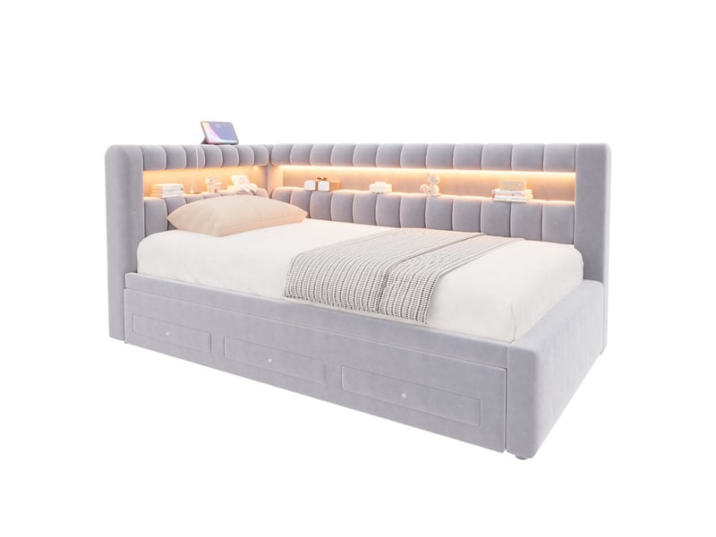  Lit rembourré convertible 90x190 cm, avec lit gigogne, tiroir, led, usb, têtedossier renforcés, velours gris clair  - Conforama A