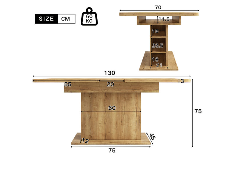 Table à manger extensible 110-130 x 70 cm avec rangement, coloris naturel - Conforama C