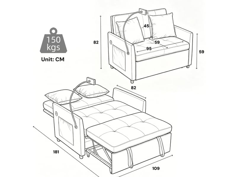  Canapé-lit pliable 1 place modenvie multifonctionnel en tissu beige avec port usb et support pour tablette 109 x 72 x 83,5 cm  - Conforama C