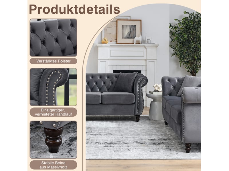  Canapé droit 6 places style chesterfield avec accoudoirs arrondis, capitonnage et clous décoratifs en velours gris  - Conforama E