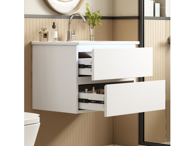  Meuble sous vasque suspendu avec lavabo intégré, 2 tiroirs et led à capteur, salle de bain, blanc, 61 × 46 × 45 cm  - Conforama D
