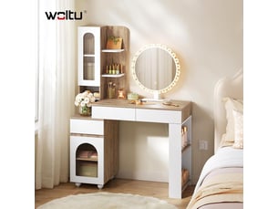 Coiffeuse avec miroir led - miroir rond mobile - chêne clair et blanc - coiffeuse polyvalent