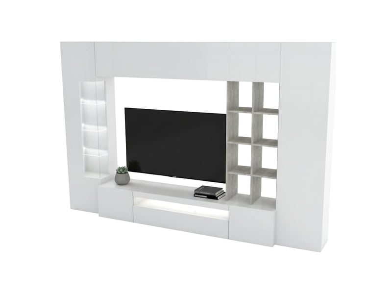 Système mural de salon, made in italy, base de meuble tv et éléments hauts et étagères, ensemble de salon moderne, 290x40h192 cm, blanc brillant et couleur ciment 638 - Conforama A