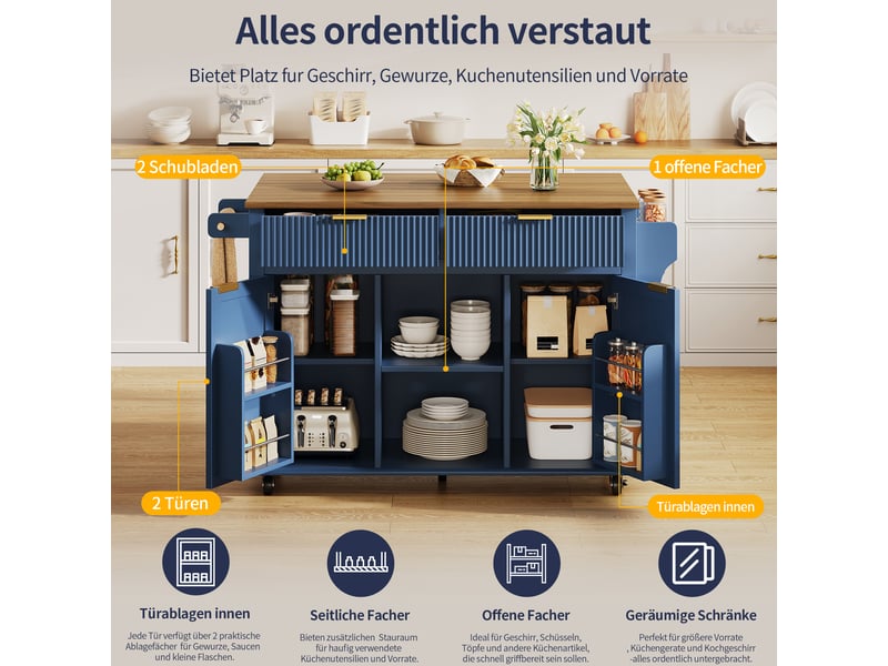 Îlot de cuisine roulant - plan de travail rabattable 120x45 cm - grand espace de rangement avec tiroirs et armoires 143x45x89.5cm - Conforama E