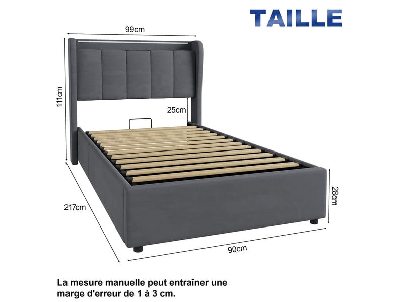 Lit rembourré 90 × 200 cm 1 place avec matelas et veilleuse, lit pour enfant avec prise électrique et coffre de rangement, grand espace de rangement, gris foncé - Conforama D