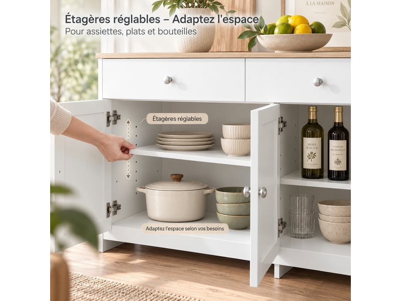 Kefsr buffet bahut 160 cm, enfilade 4 portes et 3 tiroirs, meuble de rangement style campagne rustique, blanc et plateau couleur bois - Conforama D