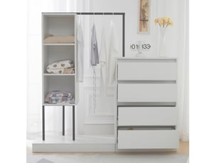 Armoire à chaussures blanc avec penderie, tiroirs et vitrine, design minimaliste