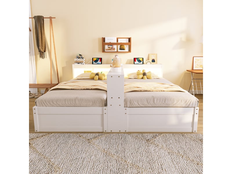  Lit banquette double 90180 x 200 cm blanc en bois avec coffre hydraulique, prise eu, led, rangements, convertible en 2 lits simples  - Conforama B