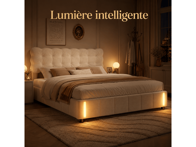  Lit 2 personne 140x190 cm avec éclairage led - lit coffre double avec rangement hydraulique - lit adulte capitonne avec sommier - tête de lit rembourré en velours, 2 places, beige - fonctionnel  - sans matelas - chambre adultead…  - Conforama W