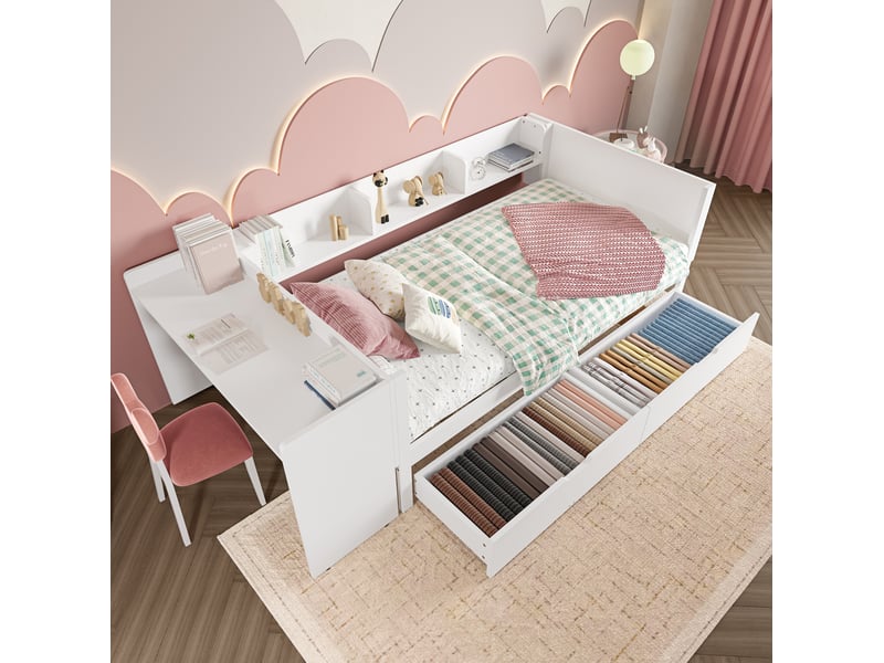 Lit simple 90x200cm bureau intégré 2 tiroirs 3 tablettes barrières hautes pin+particules blanc sans matelas - Conforama D