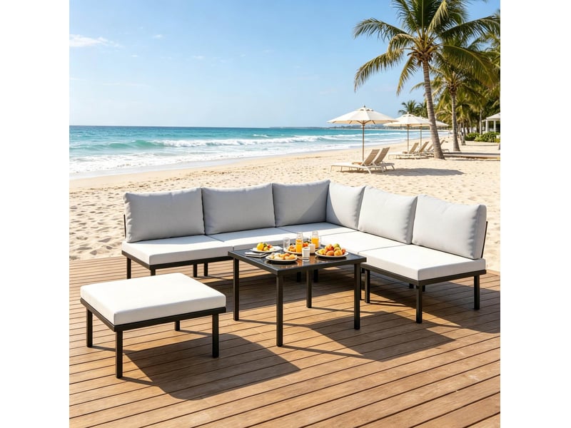  Salon de jardin modulable 6 pièces en métal, noir et gris clair  - Conforama C