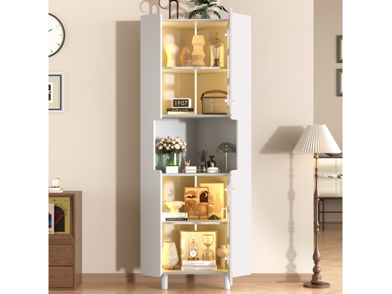  Meuble d'angle vitrine 63,5x157,5 cm, led, espace de rangement, bibliothèque, vitrine salon, pour salon, en mdf, blanc  - Conforama D