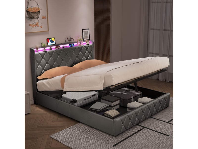  Lit coffre 160x200cm - lit double 160x200 en velours - lit 160x200 avec tête de lit led, prises usbtype-c - gris foncé  - Conforama C