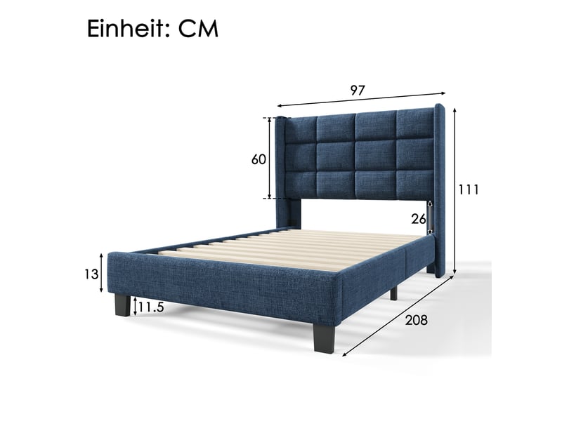  Lit simple rembourré 90x200 cm avec tête de lit rembourrée et sommier à lattes, tissu lin bleu evarich - Conforama C