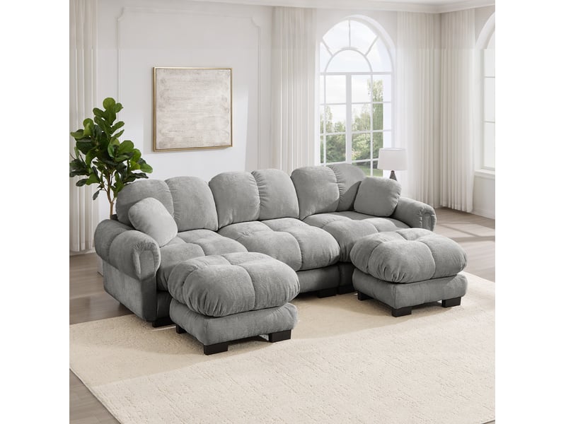  Canapé modulable modenvie 3 places en u avec ottomane mobile et 2 coussins décoratifs, tissu chenille gris clair 260 x 149 x 90 cm  - Conforama D