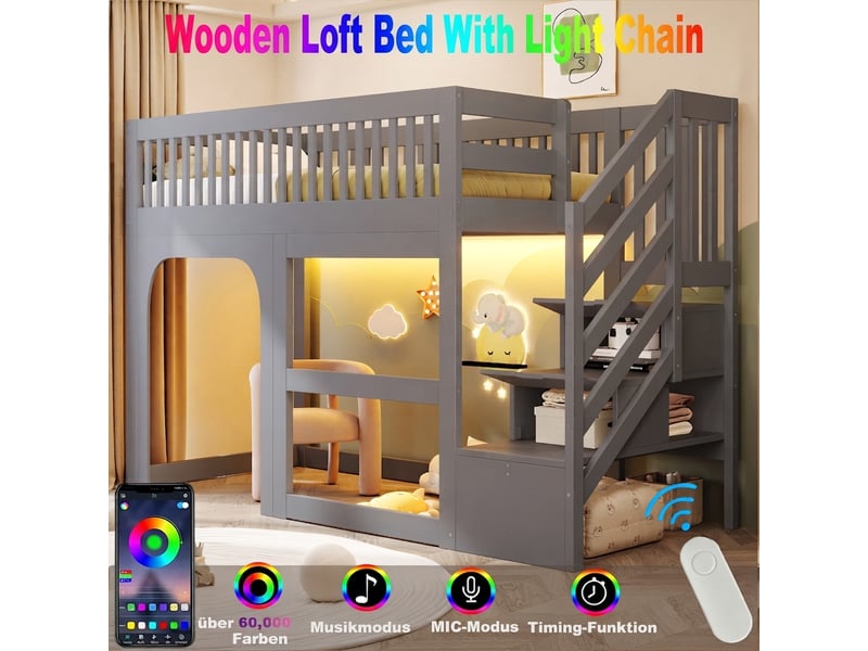 Lit jeune, 90x200 cm, éclairage led, rangement intégré, gris, poids 49 kg cao-LDB00658AAE-conf-NEW - Conforama W