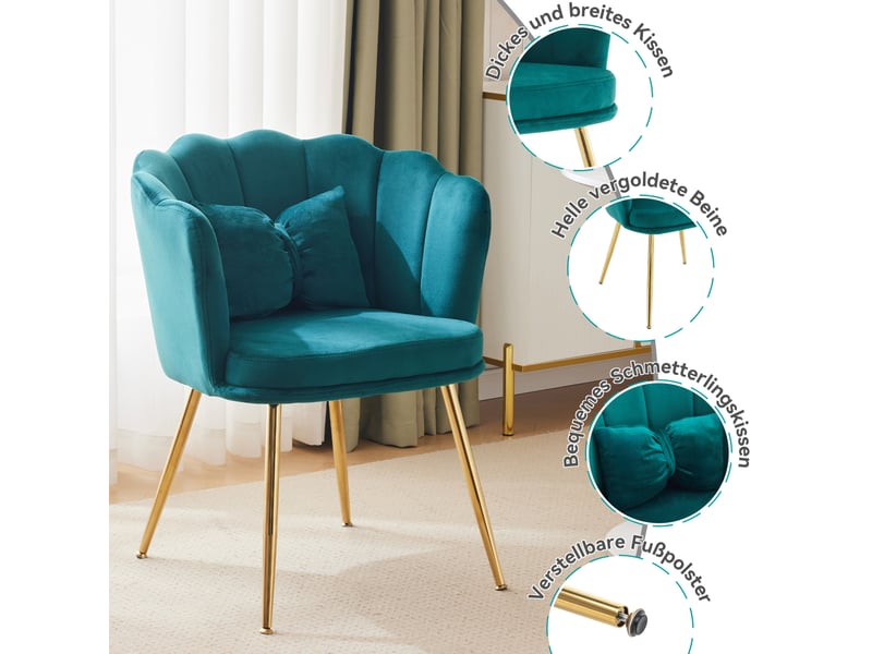 Lot de 6 fauteuils design 63x58x77 cm, dossier pétale, coussins, velours et pieds en métal doré, vert  - Conforama C