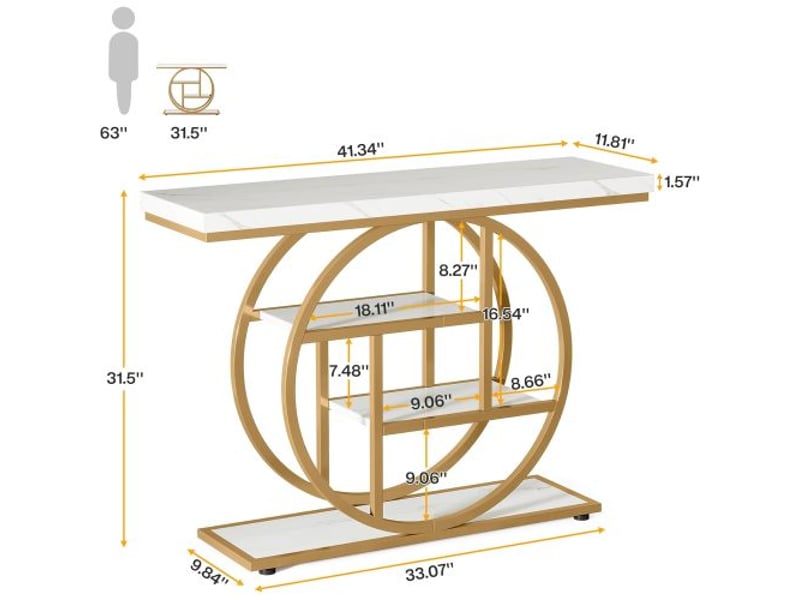  Table console, 105x30x80 cm, style industriel avec rangement, mdf, doré et blanc  - Conforama C