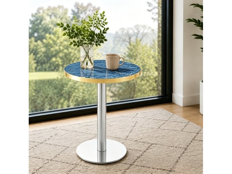  Table basse ronde fixe avec plateau effet marbre bleu et bord doré, structure en métal pour salon  - Conforama B