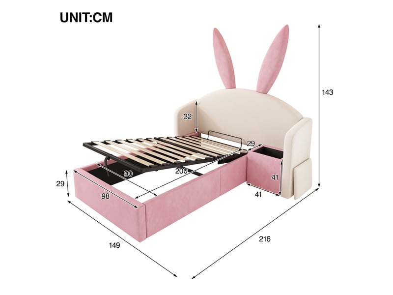  Modenvie lit enfant 90x200 cm - avec rangement hydraulique et table de chevet, sans matelas - beige et rose  - Conforama C