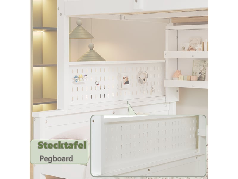 Lit superposé enfant 120 × 200 et 140 × 200 cm, séparable en 2 lits, avec échelle, doubles étagères et panneau perforé, blanc - Conforama E