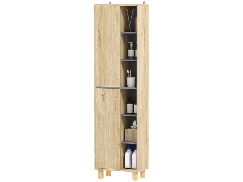  Meuble colonne salle de bain, bois naturel, armoire de salle de bain avec 6 compartiments ouverts et 2 placards  - Conforama B