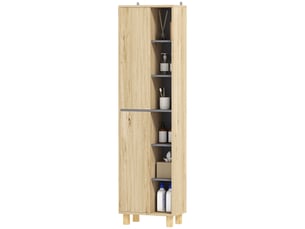 Meuble colonne salle de bain, bois naturel, armoire de salle de bain avec 6 compartiments ouverts et 2 placards