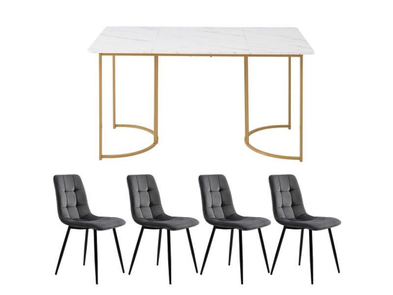 Ensemble salle à manger 5 pièces – table 140x80 cm mdf blanc, pieds métal doré, 4 chaises velours gris foncé - Conforama A