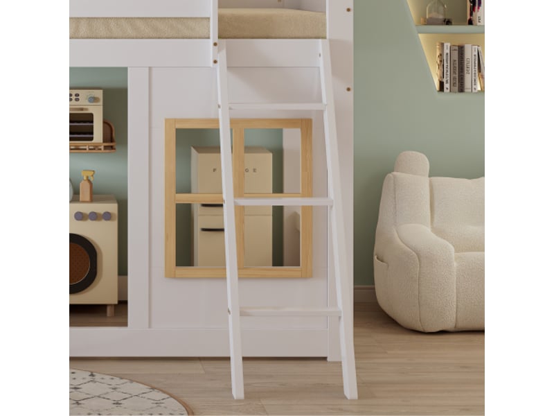 Lit superposé enfant 90×200cm (blanc+naturel) : belles fenêtres, escabeau robuste, clôture 4 côtés, pin+mdf+contreplaqué.  - Conforama W