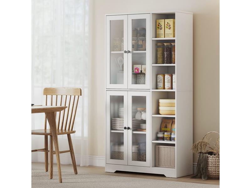  Vaisselier haut buffet de cuisine aosenyunzhou meuble rangement 4 portes en verre 6 étagères charnières soft-close blanc T1005-01-11373 - Conforama D