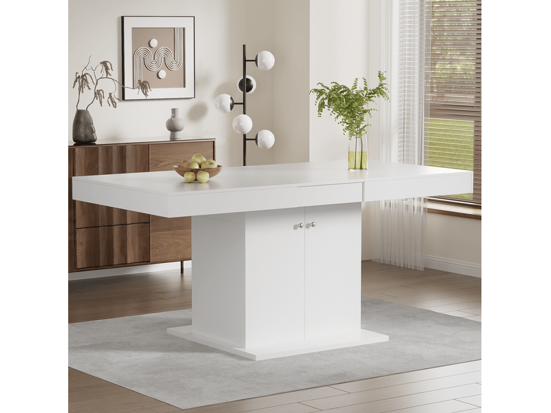 Table extensible, 140-180x80x76 cm, rallonge, design moderne, pratique, panneaux de particules et métal, coloris blanc  - Conforama B