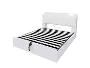 Lit en bois 180x200 cm – cadre hydraulique avec rangements, tête de lit à étagère et stockage, usb, blanc