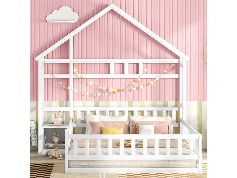  Lit enfant cabane 140x200 cm avec barrières et chevet, blanc  - Conforama E