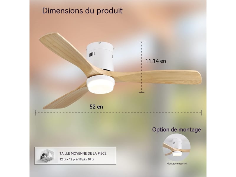  Ventilateur de plafond 132 cm avec télécommande et lumière led 18w, 3 pales en bois massif, moteur dc réversible silencieux pour salon  - Conforama W