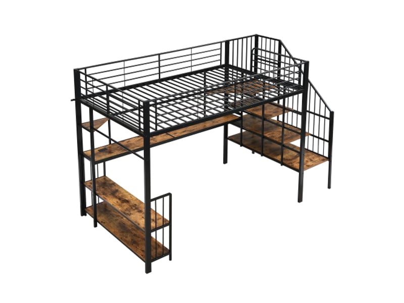 Lit mezzanine fer et mdf noir 120x200 cm – échelle latérale, rambarde, prise de charge élevée, penderie et étagères - Conforama E
