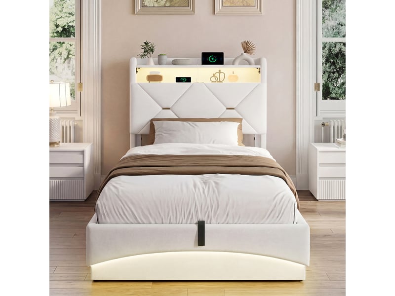  Lit coffre 90x200cm avec éclairage led et port de chargement, design ondulé, beige  - Conforama C