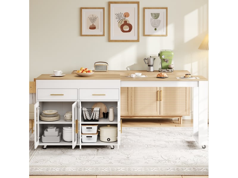 Îlot de cuisine mobile extensible 132,5-217x50x93 cm blanc avec rangement - Conforama D