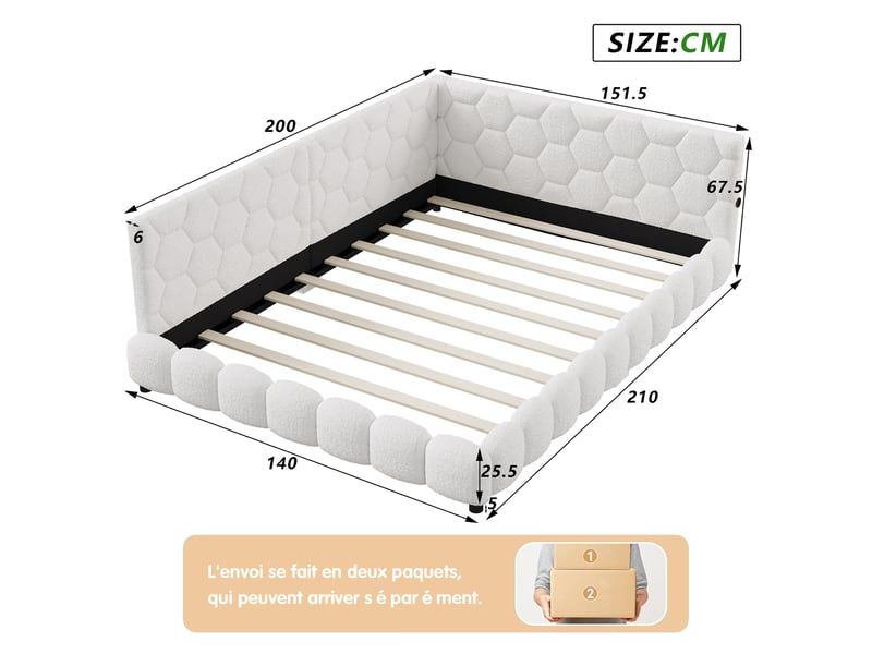  Lit d'angle 140x200 cm avec led et usb,canapé-lit rembourré,lit 2 places,sommier à lattes,lit double,laine d'agneau,blanc  - Conforama C