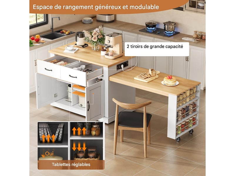 Ilot de cuisine sur roulettes avec table extensible mdf blanc et chêne 132x60x93 cm - pangivo - Conforama E