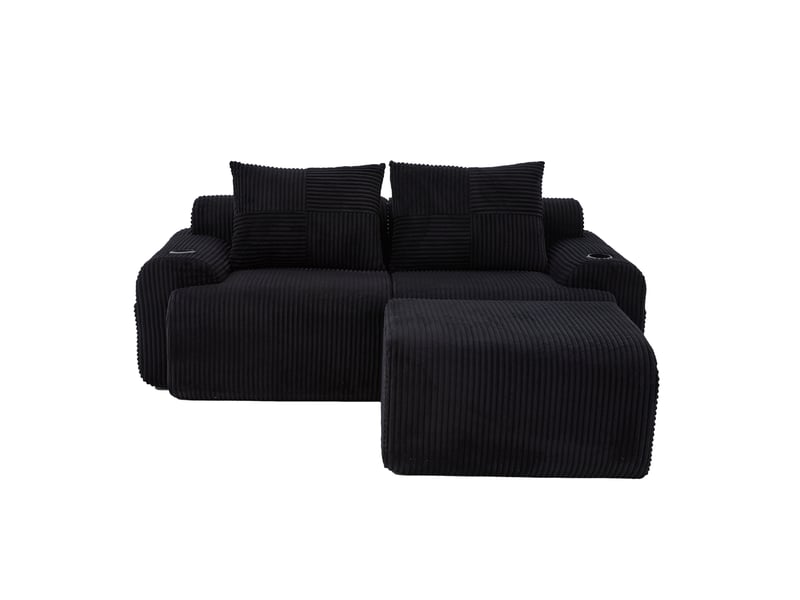  Canapé modulaire 2 places en velours côtelé noir avec poufs, porte-gobelets et poche latérale de rangement  - Conforama A