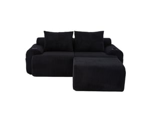 Canapé modulaire 2 places en velours côtelé noir avec poufs, porte-gobelets et poche latérale de rangement