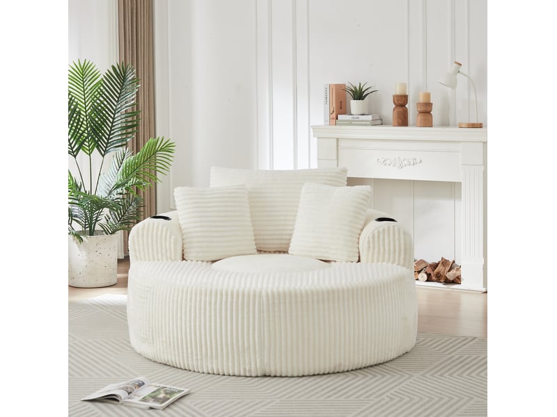  Fauteuil pouf rond 1 place avec 2 porte-gobelets, poches latérales et 3 coussins en velours côtelé beige  - Conforama D